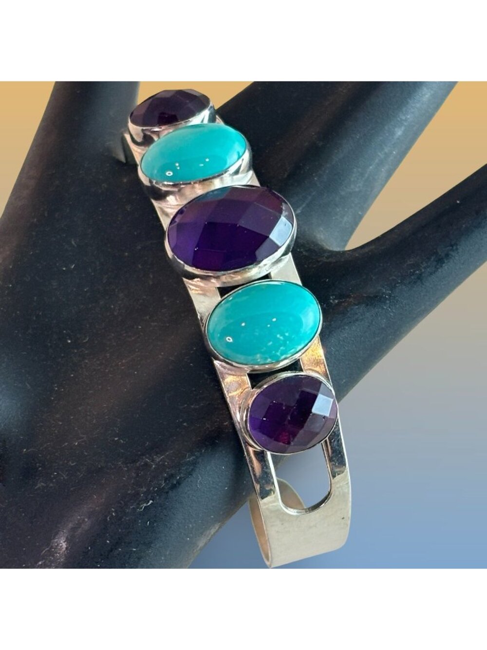 Jay King Boho Southwestern Turquoise Amethyst Sterling Silver Cuff Bracelet Gift